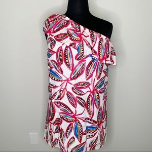 J. Crew Red, White & Blue Floral Print One Shoulder Ruffle Linen Blend Dress